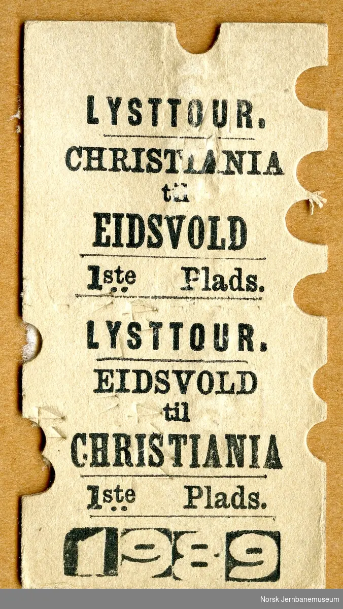 Tur/returbillett Lysttour Christiania-Eidsvold, 1ste Plads