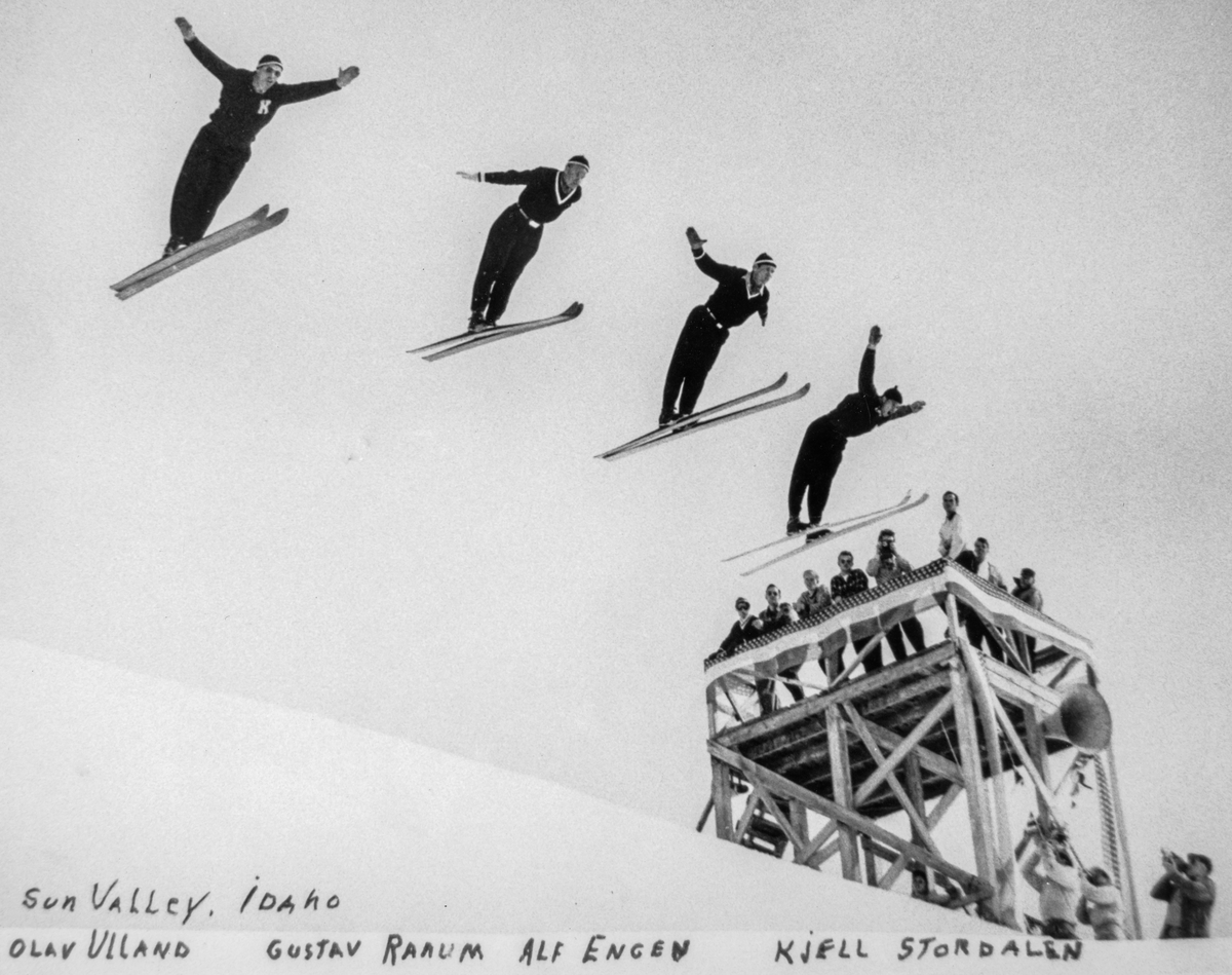 Four Norwegian ski jumpers in Sun Valley, Idaho: Olav Ulland, Gustav Raaum, Alf Engen, Kjell Stordalen