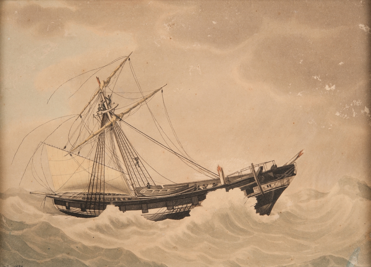 Kutterbriggen "Vänta Litet"  i storm med överbordgången fockmast, bogspröt och storstång. Haveriet inträffade i Biscaya den 28/12 1821, chefmajoren vid örlogsflottan C. Lagerberg. "Vänta Litet" avseglade från Karlskrona den 20/1 1821, var i Portsmouth 25/11, havererade den 28/12, reparerade i Bordeaux mars 1822, var i Gibraltar och seglade därefter i Medelhavet. Avmönstrade i Karlskrona aug 1823. Barbareskstatema besöktes särskilt.