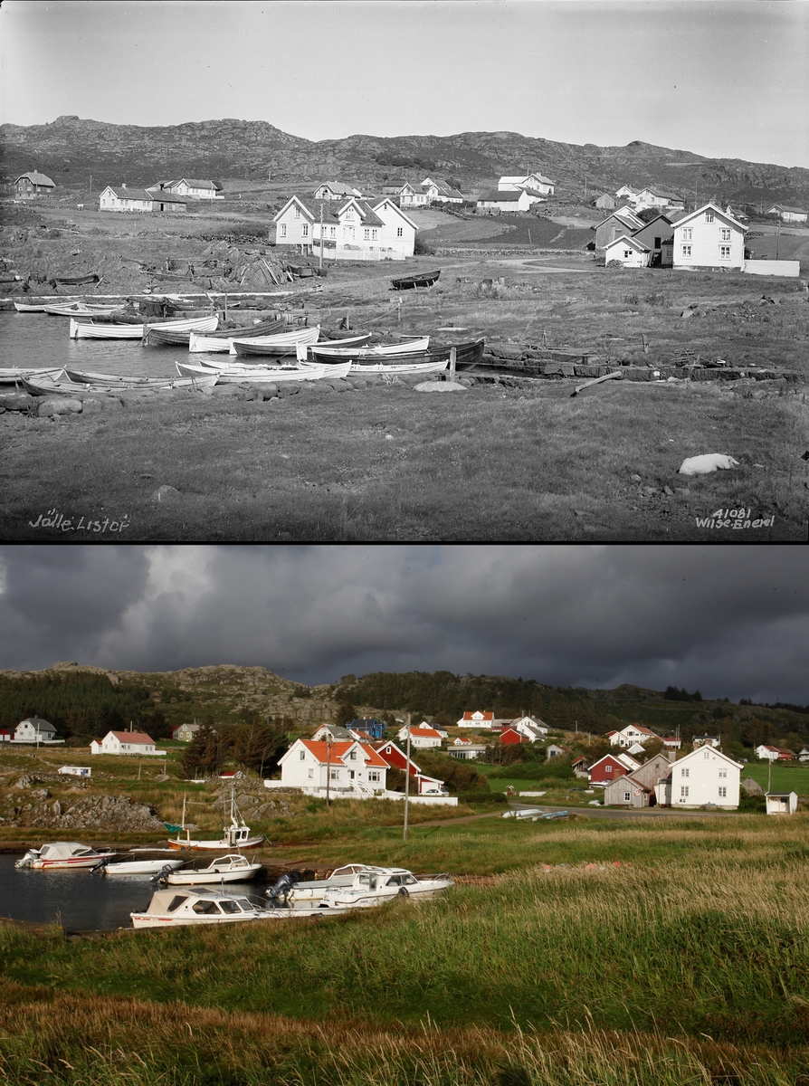 Refotografering. Havneområdet i Jøllestø ved Lista, Farsund i 1912 og 2015. Fra dampskip til motorskip og nedbygging av havneområde.
