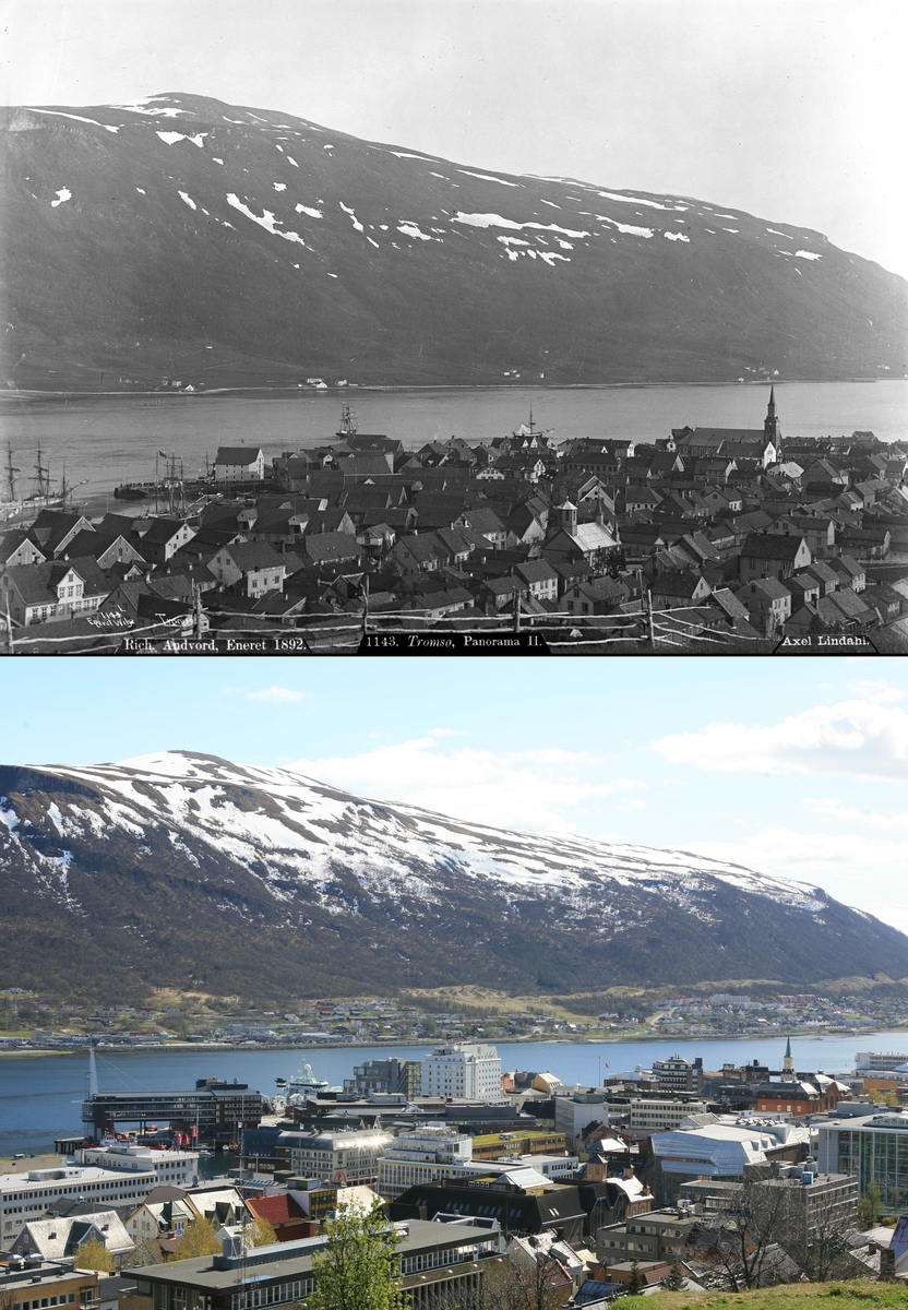 Refotografering. Utsikt over Tromsø mot Tromøya. Fotografert 1885 og 2007. Småhusbebyggelse er avløst av blokkbebyggelse og kontorbygg. Seilskutene er nå borte.