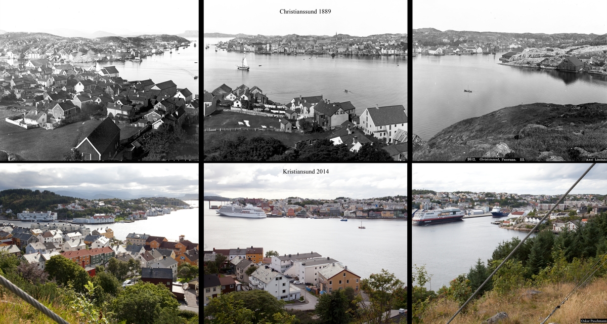 Refotografering. Panorama over Kristiansund i 1889. I panoramet i 2014 er mer bebyggelse og store ferger i havnebassenget . Fotografert 1889 og 2014.