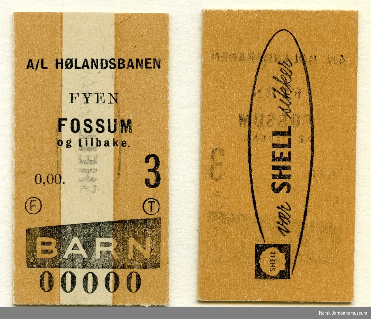 Museumsbanen A/L Hølandsbanen, billett Fyen-Fossum og tilbake, barn, ubrukt