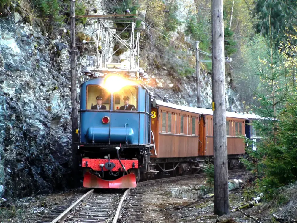 blått lokomotiv og vogner i tre kommer mot på skinnegangen,