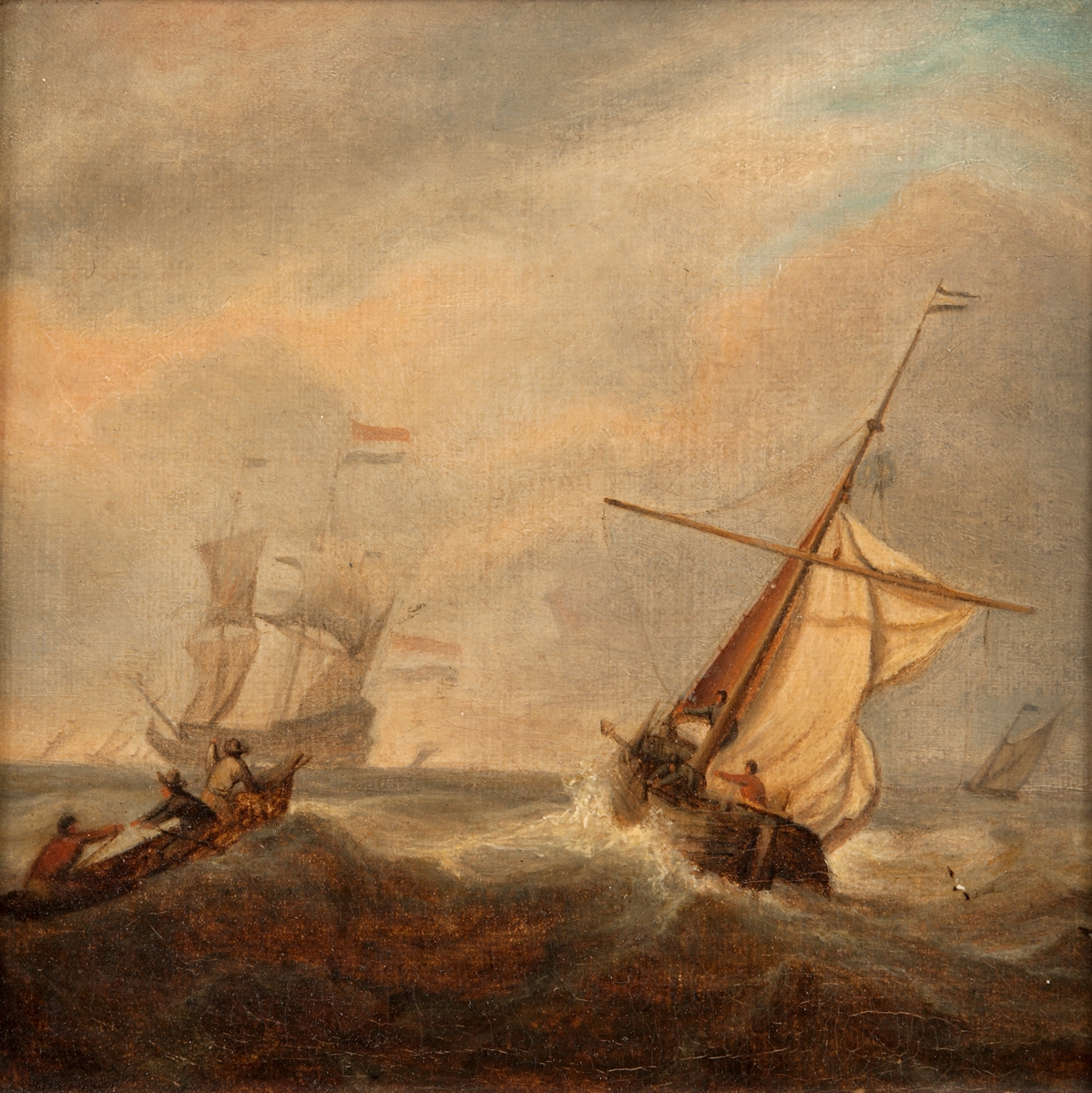 Holländsk fiskebåt i hög sjö, samt roddbåt med tre man. I bakgrunden större skepp med holländska flaggor.