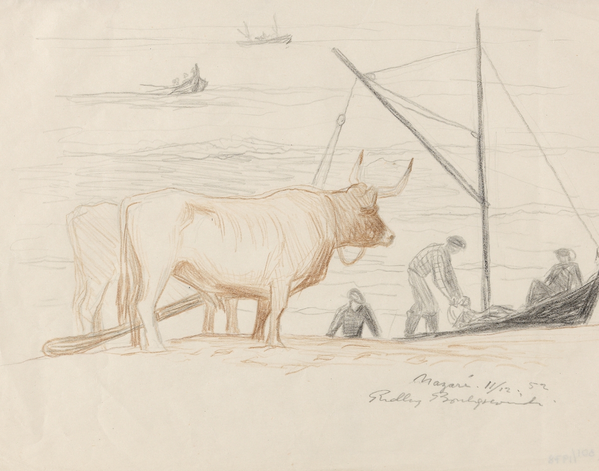 Oksespann og fiskebåter, Nazaré [Tegning]