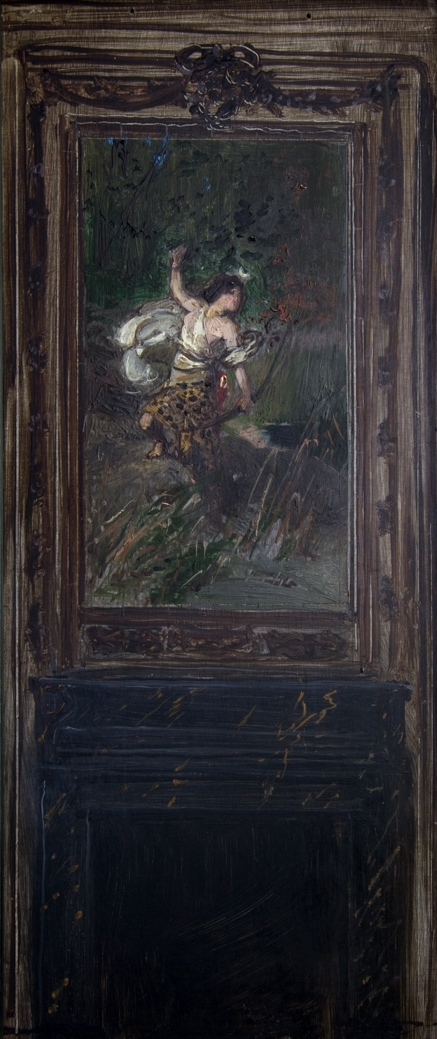 Interiörbild med en svartmålad öppen eldstad. Ovanför den en målning föreställande Diana, helfigur, med vit klädnad och ett djurskinn samt hållande en pilbåge i ena handen. Skissartat utförande.