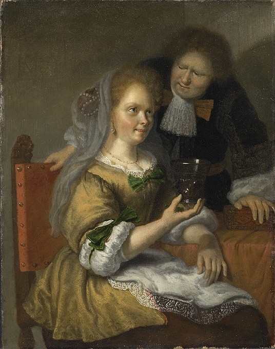 En ung kvinna sitter vid ett bord med ett glas i ena handen. Bakom henne skildras en stående man som lutar sig över ett bord intill och mot länsstolen. Målningens motiv är utfört med en klangrik kolorit och mot en neutral, enhetlig bakgrund.