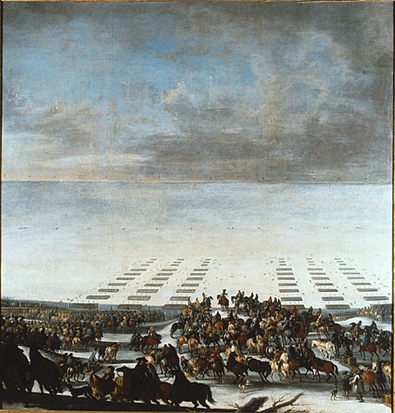 I förgrunden på en kulle konung Karl X Gustaf och hans stab. Konungen, som är avbildad snett bakifrån, sitter på en brun häst i mitten och pekar med värjan ut över det frusna sundet. Han är iklädd blågrå silverbroderad dräkt och plymagerad hatt. Närmast konungen till vänster Karl Gustaf Wrangel och markgreve Karl Magnus av Baden, till höger hertigen av Weimar, alla barhuvade. Längst till vänster kolonnvis marscherande trupper jämte artilleri på kälkar. På isen ses fyrkanter med trupper schematiskt återgivna. Längst bort vid horisonten byn Grimstaed (”Villa Grimstaedt”). Isen ljus, bortåt blånande. Blå himmel med moln, som mörkna mot höger.