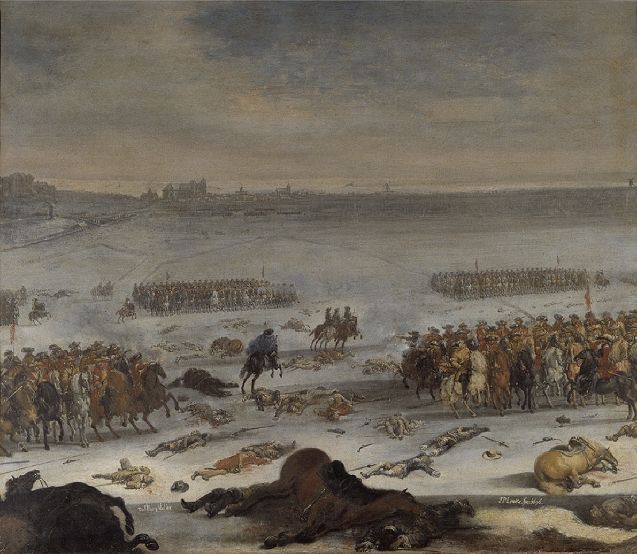 I målningens mittparti synes Karl XI jämte Ascheberg och Dahlbegh spränga igenom de danska linjerna, dit de förirrat sig. Efter dem en rytare i blå kappa. I förgrunden döda hästar och krigare. I mellanplanet på en öppen hed två svenska kavalleriformationer. I bakgrunden synes staden Lund, framför denna trupper uppställda i fyrkanter, och längst bort Öresund. Blå vinterhimmel med ljusa moln. Inom ramverket text över målningen.