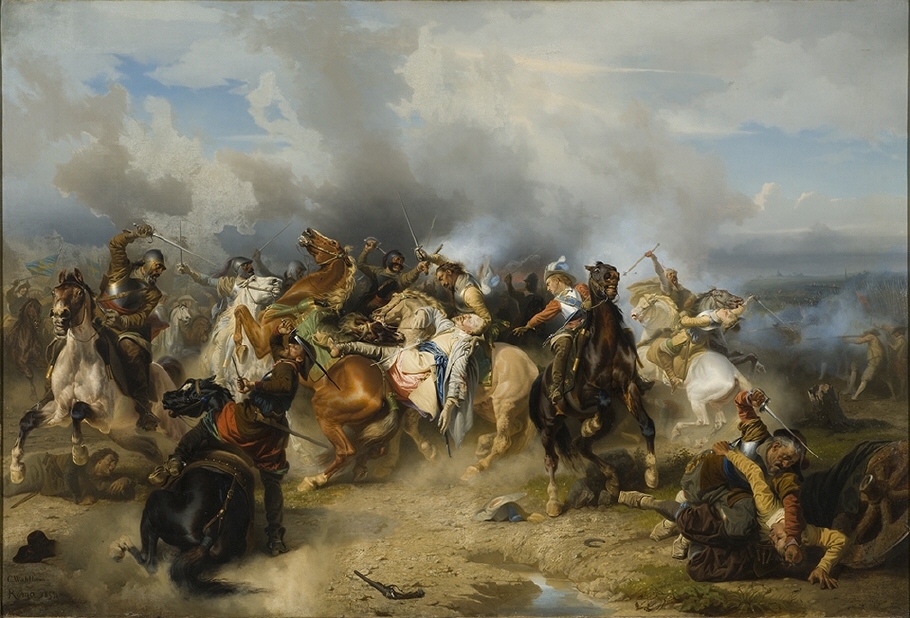 Målningen skildrar det ögonblick då Gustav II Adolf dödas på slagfältet vid Lützen den 6 november 1632. Den döde kungen, starkt belyst, tycks glida ned från hästryggen för att strax fångas upp av en förfärad svensk soldat. Kungen framställs som hjälte och martyr, en gestalt som påminner starkt om skildringar av den döde Kristus. Samtidigt har Wahlbom utnyttjat scenens möjligheter