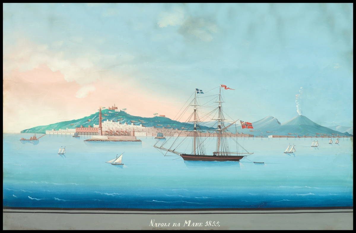Akvarell av Napolibukta med byen og Vesuv i bakgrunnen. En norsk seilskute ligger i bukta.