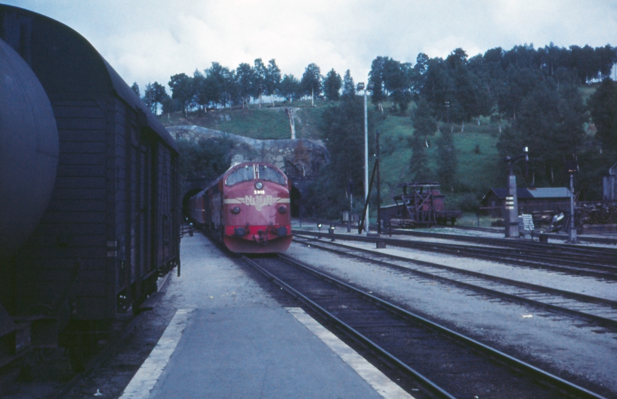 Fra Dombås stasjon. Toget fra Åndalsnes på vei inn på stasjonen trukket av lokomotiv type Di 3.