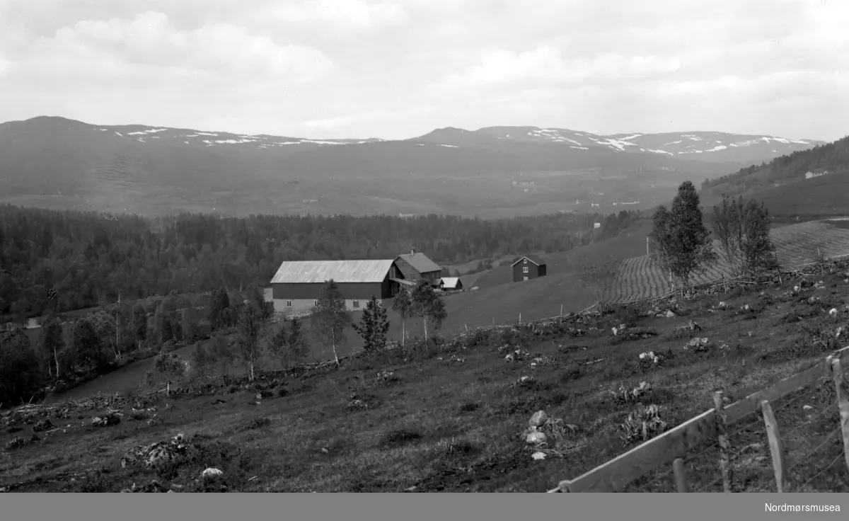 Postkort med motiv fra Lomundalen i Rindal kommune. Vi ser et gårdsbruk midt i bildet. Postkortet er datert 1935. Fra Nordmøre museums fotosamlinger. Reg: EFR
