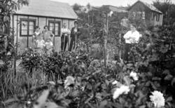 Foto trolig fra en kolonihage. To menn, fire kvinner og to b