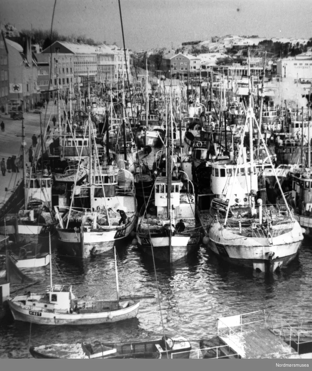 Vinter, snø, sild, fiske, båter, sildeflåten i havn,  Vågekaia, Piren, ca 1950. Fra Nordmøre Museum sin fotosamling.