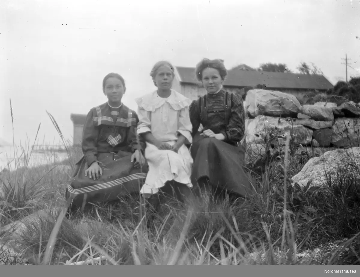 Tre unge kvinner poserer sittende ved strandkanten. Trolig fra Sverdrupfamilien/slekten, og/eller fra deres bekjentskaper. Datering er ukjent, men trolig omkring 1920 til 1930. Fotograf er trolig Georg Sverdrup.
Fra Nordmøre museums fotosamlinger. EFR2015
