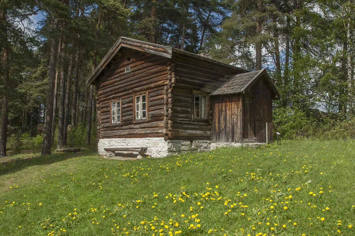 Gråbrunt tømmerhus, halvannen etasje, med tilbygd vindfang på langveggen. Huset er ei husmannsstue og ligger litt oppi en bakke med gress og løvetann.