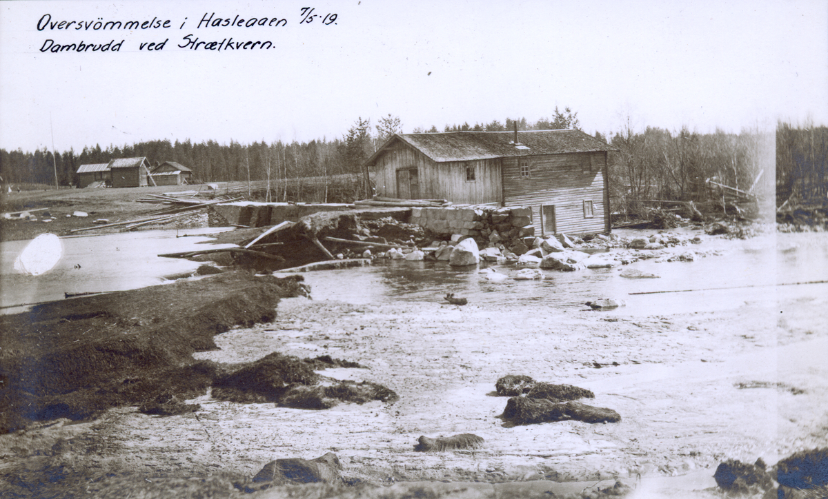Oversvømmelse i Hasla "Hasleåen". Dambrudd ved Strætkvern.