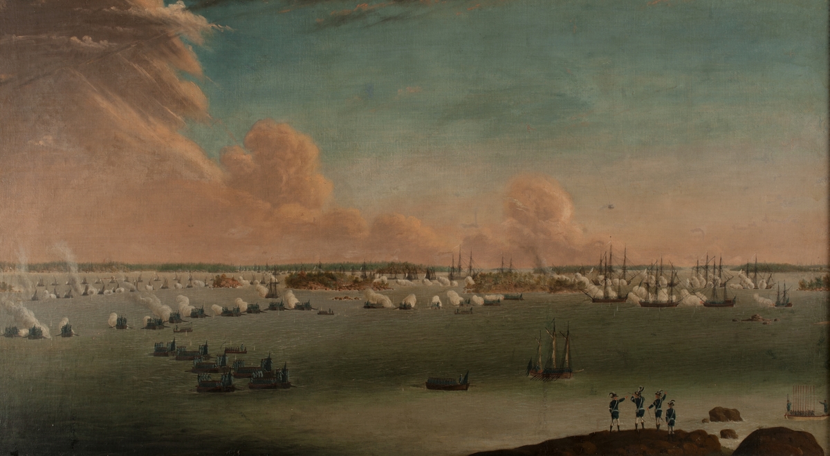 "Träffningen vid Korkjansari d 15 aug 1789. Öfveramiralen Grefve C.A.Ehrensvärd med stab tager från skäret Majansari drabbningen i ögonsikte."
