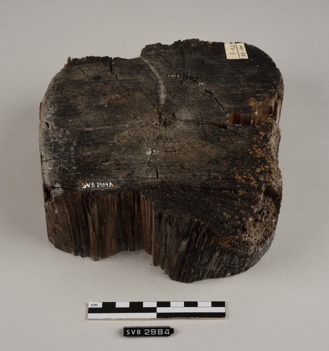 Tregjenstand med tilnærmet rundt tverrsnitt. Tremateriale er tørt og sprukkent. Det er 2 løse deler. Det er en lapp på undersiden med russiske tall og bokstaver.