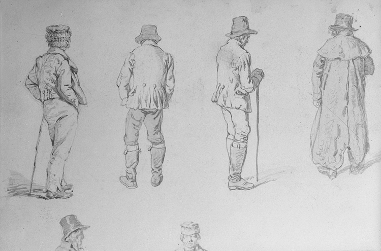 Teckning av Kilian Zoll, ett antal herrar med hattar, iklädda långrock, jacka och käpp, var och en har olika ställning.
