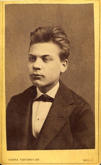 Porträtt (bröstbild, halvprofil) av en okänd ung man i kavaj med väst och vit skjorta med mörk fluga. 

Troligen seminarist.