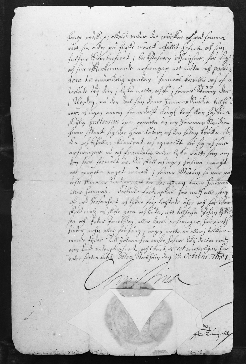 Skriftlig dokumentation undertecknad av Drottning Kristina






