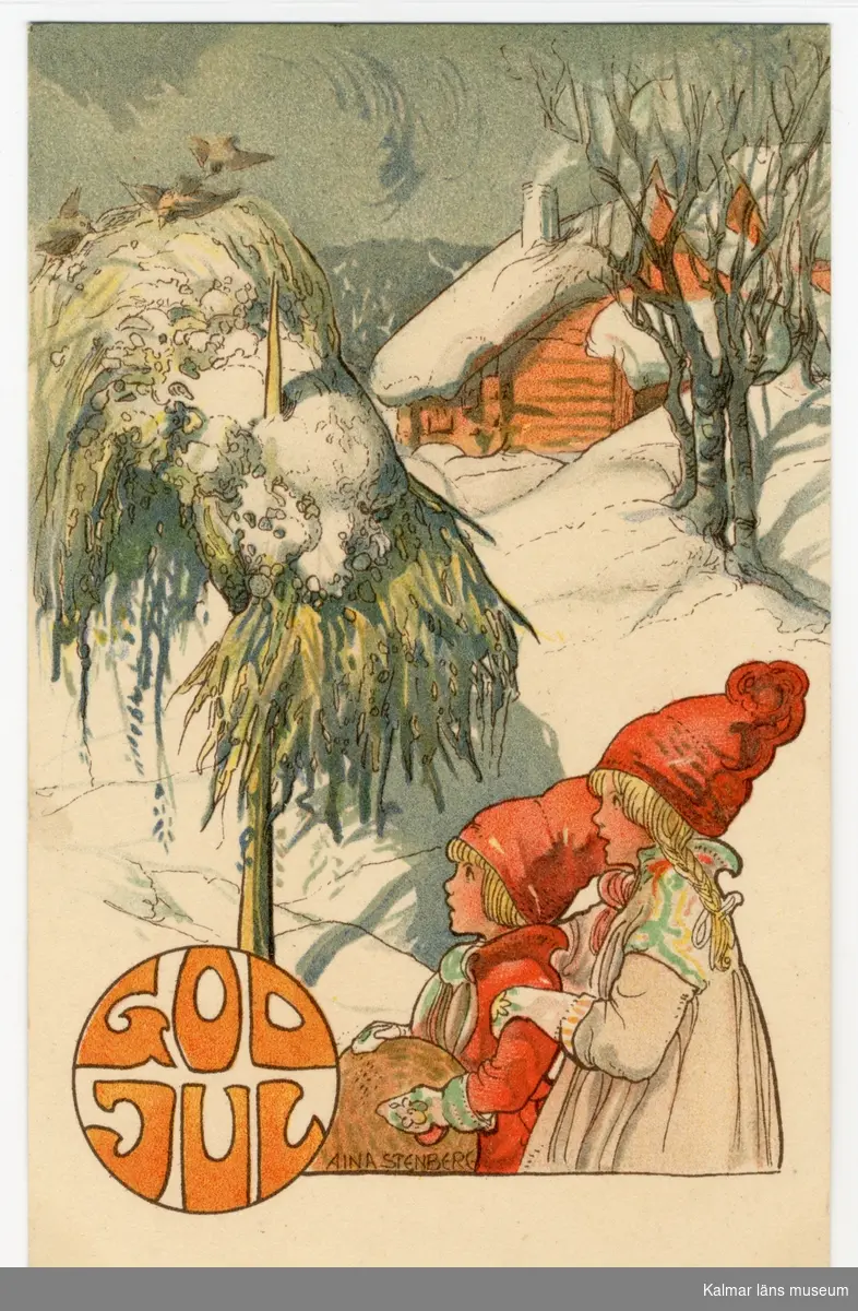 Två flickor står ute i snön och tittar på småfåglar i en kärve. I bakgrunden ses ett rött hus, det ryker ur skorstenen.