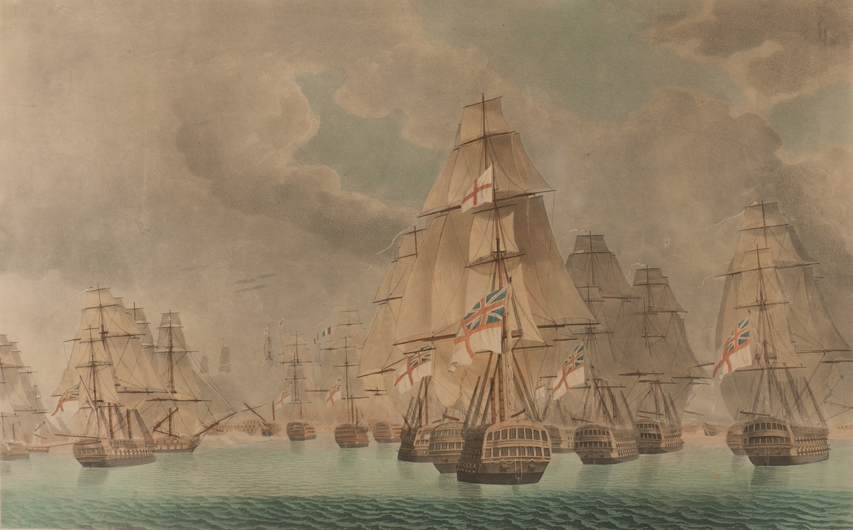 Engelska linjeskepp och fregatter sedda akter ifrån. I bakgrunden strid mellan engelska, franska och spanska skepp, delvis dolda av krutrök.