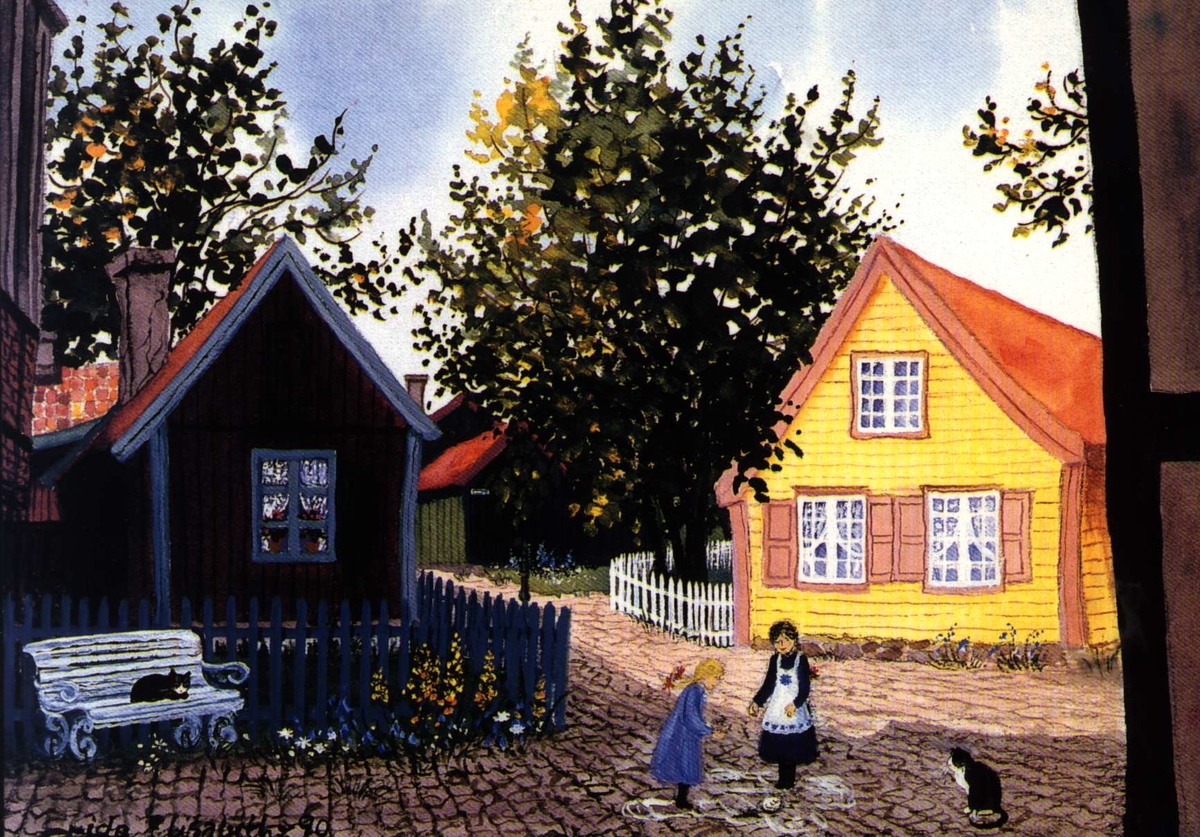 Postkort. Del av Enerhaugen, flyttet til Gamlebyen, NF.
