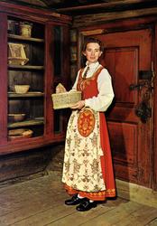 Postkort. Kvinnedrakt fra Romerike. Utstilling NF.