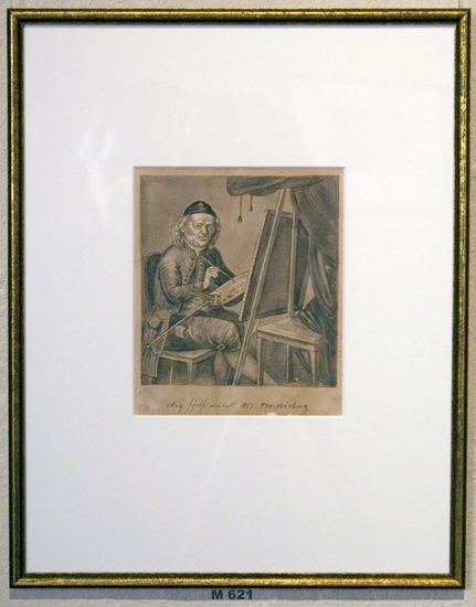 Akvarellmålning på papper.
Självporträtt av konstnären, sittande vid ett staffli.
Pehr Hörberg (1746-1819)