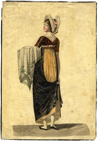 Färglitografi.
Ung kvinna i brunsvart och gul kjol m.m.
Helfigur, sedd snett bakifrån.