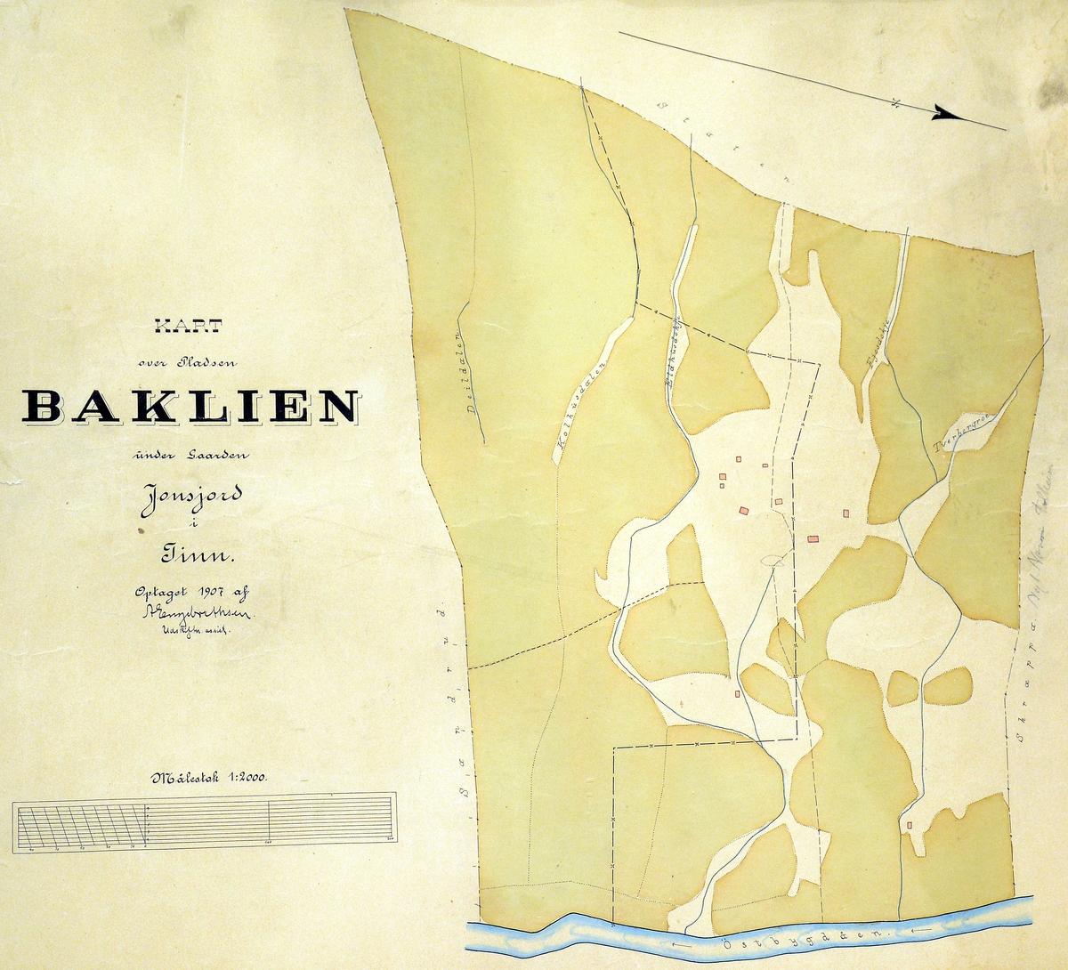 Kart over plassen Baklien, under gården Jonsjord,  Tinn