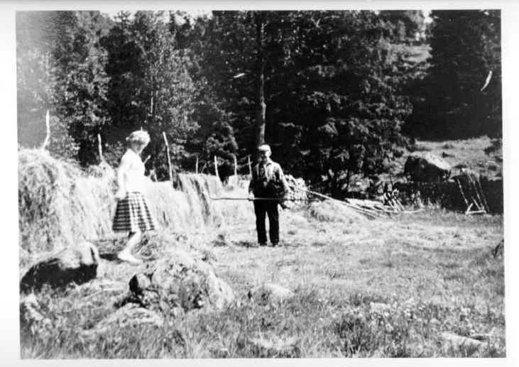 Dybing i Heskestad. Tyra Hovland og faren Toni Øyste holder på med hesking ca.1961