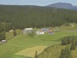 Gård, grå, umalt driftsbygning, hvit, en og en halvetasjes v