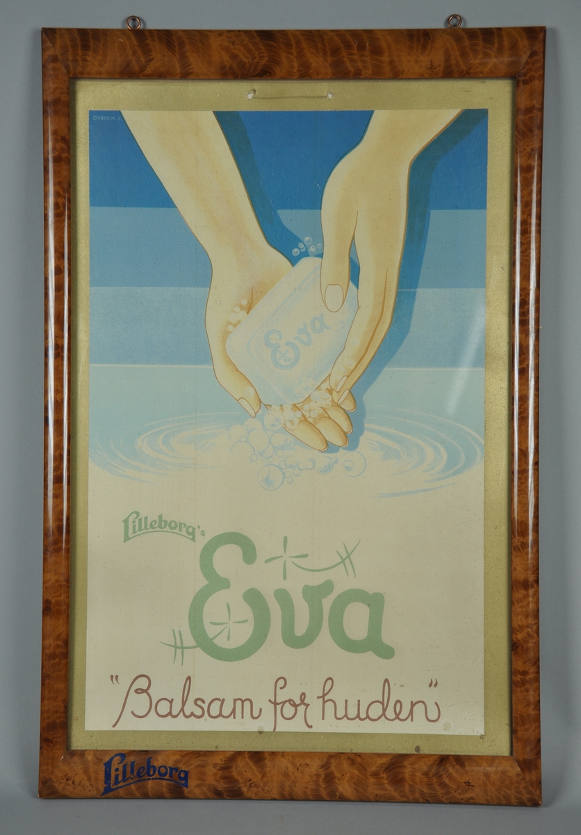 Innrammet reklameplakat for såpe.
Motivet er hender som holder i et såpestykke over vann.