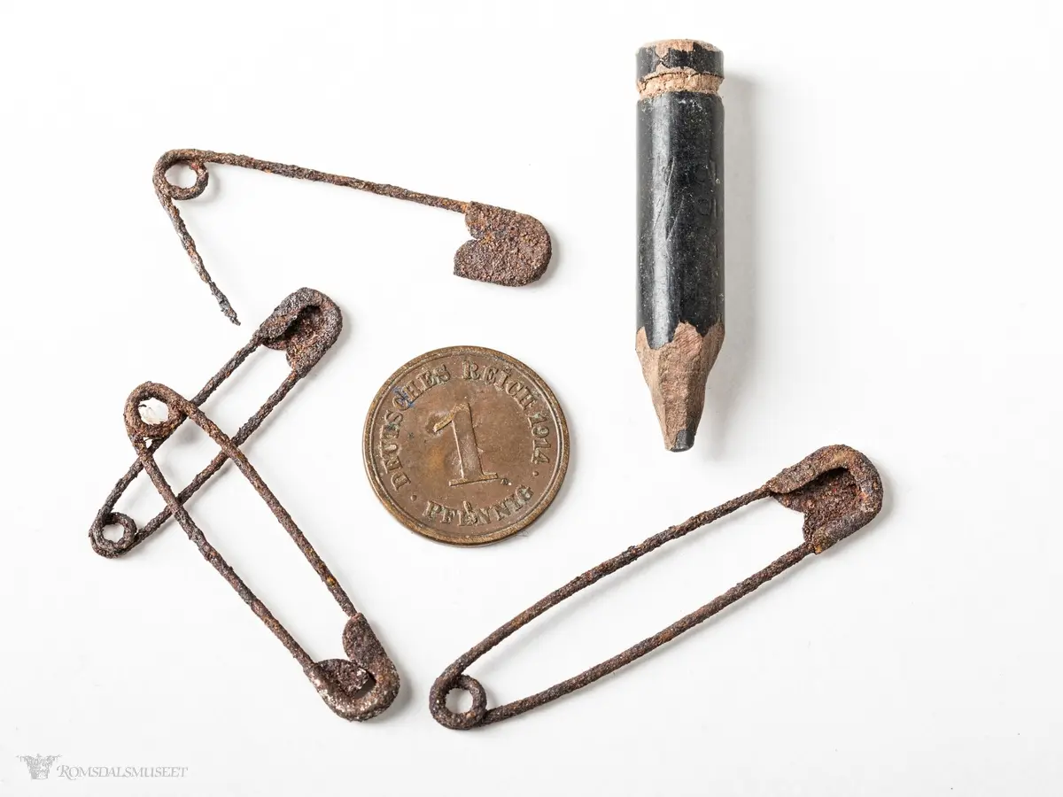 En tysk 1 pfennig fra 1914, en liten sort blyantstump og fire rustne sikkerhetsnåler som lå i den demonterte Schwittershytta på Hjertøya.