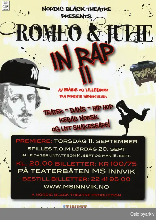 Plakat for forestillingen Romeo and Julie in Rap II...Oslo byarkiv har ikke rettigheter til denne plakaten. Ved bruk/bestilling ta kontakt med Nordic Black Theatre (post@nordicblacktheatre.no)