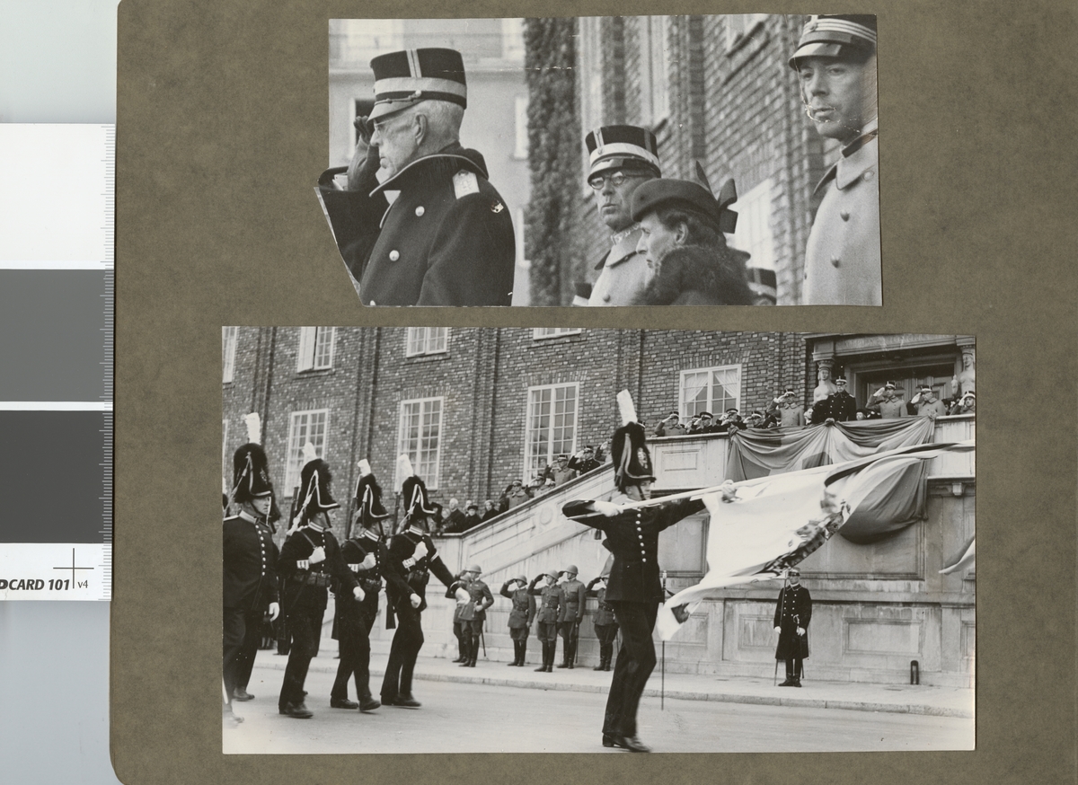 Kungligt besök i samband med paradering av Göta livgarde I 2; Gustav V, Gustav VI Adolf och arvprins Gustav Adolf tillsammans med Louise Mountbatten.