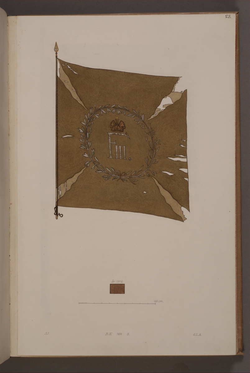 Avbildning i gouache föreställande fälttecken taget som trofé av svenska armén. Den avbildade fanan finns bevarad i Armémuseums samling, för mer information, se relaterade objekt.