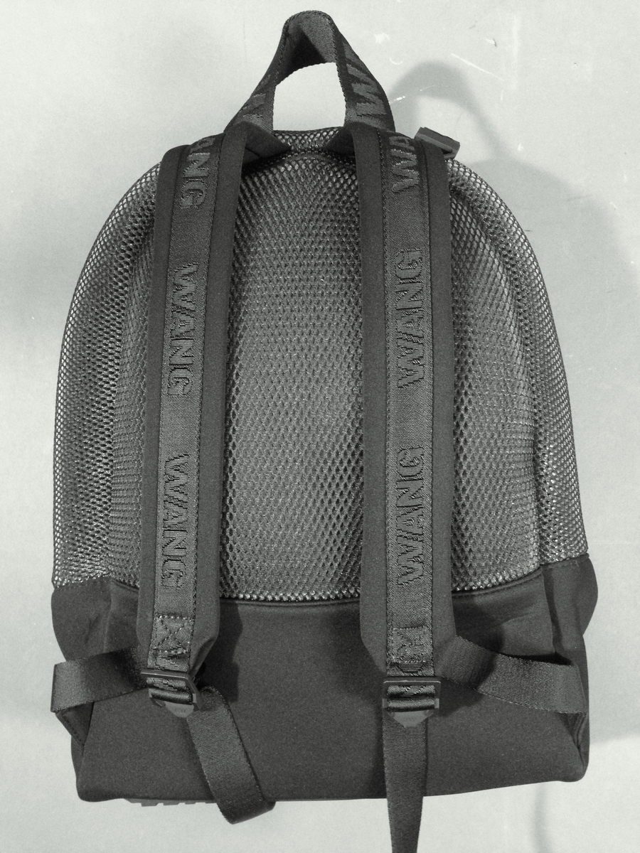 Liten sekk for trening. Sydd av nettstoff, der det ytre stoffet er laminert med flere lag nettstoff, og kjernen antagelig selvlysende, dvs av lysegrå refleksfibre. Sekken består av ett hovedrom og et lite ytterrom. Nedre del av både sekk og ytterrom er av tett neopren. Selve bunnen har en påsydd plate av gummi, med 4 "ben" i form av logoen "AW".  Innvendig bunnplate er imidlertid både bredere og lengre og av ukjente materiale. Sekken er flat nederst og buet i overkant, hovedrommet åpnes nesten helt ned i begge sider og lukkes med grov plastglidelås. Ytterommet åpnes i overkant og lukkes med tilsvarende glidelås. Innvendig er rommene fôret med et ekstra lag, enkelt nettstoff, og hovedrommet utstyrt med en ekstra lomme. Selene er regulerbare med spenner, er polstret, av neopren og utvendig forsterket med påsydde bånd av bevernylonlignende materiale ivevd "WANG" gjentatte ganger. Tilsvarende stropp øverst, til bæring i hånden. Under selefestene en ekstra lomme, lukket med samme grove glidelåstype. Nedi lommen ligger et påsydd regntrekk av tynt, vannavstøtende matriale, med påtrykt "AW" i et sammenhengende mønster utført i lysreflekterende trykkfarge over det hele. Med påsydd elastikk langs ytterkanten, kan trekket raskt tas ut og vikles omkring sekkens front og holde seg på plass i regnvær. Alle glidelåser er utstyrt med en "drastropp" av det sorte bondet ivevd WANG.