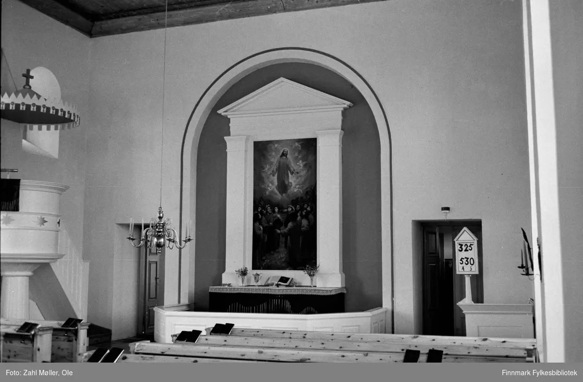 Utsjok Kirke, interiør.  Utsjok-tur, Finland. Fotografert i august 1969.