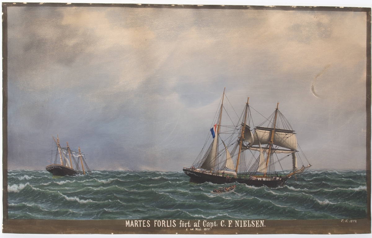 Maleri av barken MARTE/MARTHAs forlis 4. mai 1874. Skipet ses synkende til venstre i motivet med baugen først. Besetningen er i livbåt og reddes av en fransk bark.