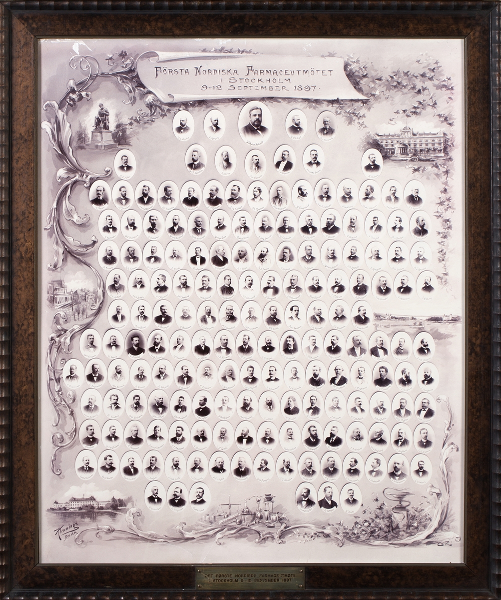 Plakatlignende foto med små portretter i oval av deltagere på farmasøytmøte i Stockholm 1897