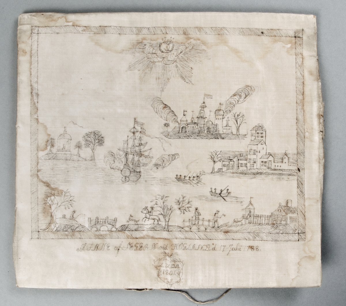 Marint landskap med krigsfartyg och byggnader, MINNE AF SEGERN VID HOGLAND D.17 JULI 1788.