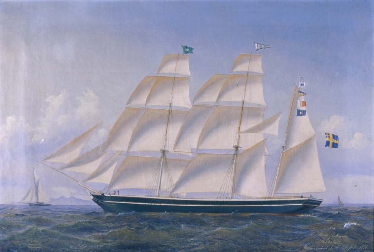 Tremastade barkskeppet Catharina. Fartyget sett från babordssidan. Yngre unionsflagga.
Stävornament: Galjonsbild: Helfigur: Kvinna