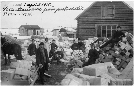 Den tillfälliga poststationen Karungi Utrikes vintern 1915.