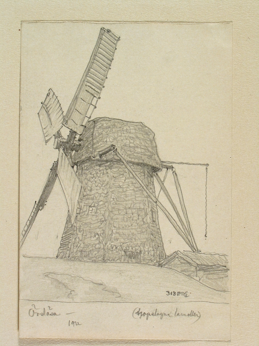 Västergötland, Kållands hd., Örslösa. Väderkvarn ("ihopslagna lameller"). Teckning av Ferdinand Boberg.